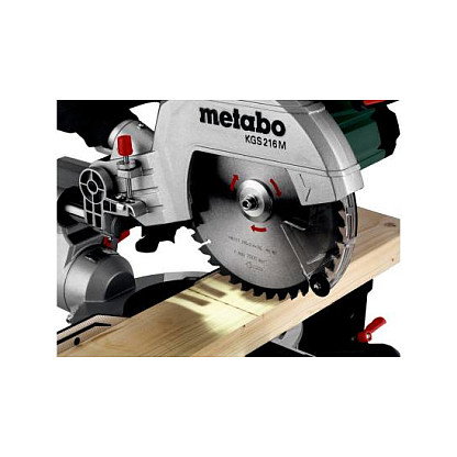 Metabo KGS216M Sierra de inglete con carriles deslizantes y guía láser, 216 mm, 1200 W, 5000 RPM, para corte en madera