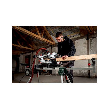 Metabo KGS216M Sierra de inglete con carriles deslizantes y guía láser, 216 mm, 1200 W, 5000 RPM, para corte en madera