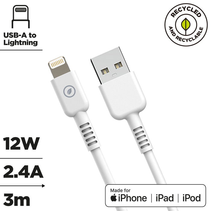 muvit for change cable USB a Lightning MFI 2,4A/12W 3m blanco muvit for change cable USB a Lightning MFI 2,4A/12W 3m blanco