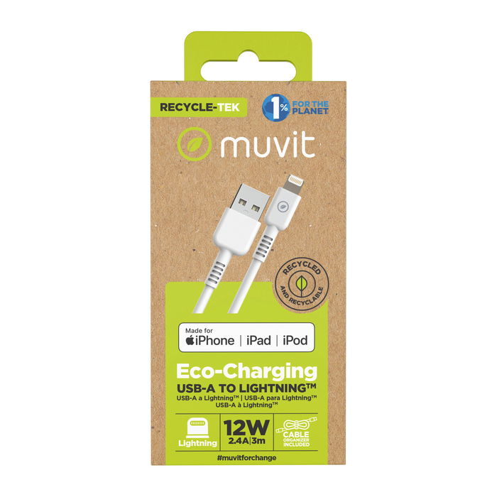 muvit for change cable USB a Lightning MFI 2,4A/12W 3m blanco muvit for change cable USB a Lightning MFI 2,4A/12W 3m blanco