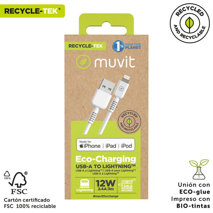 muvit for change cable USB a Lightning MFI 2,4A/12W 3m blanco muvit for change cable USB a Lightning MFI 2,4A/12W 3m blanco