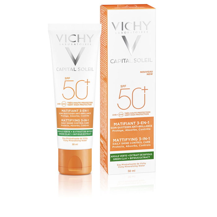 Vichy Capital Soleil Matifiant 3 en 1 Crema Facial Protectora SPF50+ 50 ml - Tratamiento Matificante con Arcilla Verde
