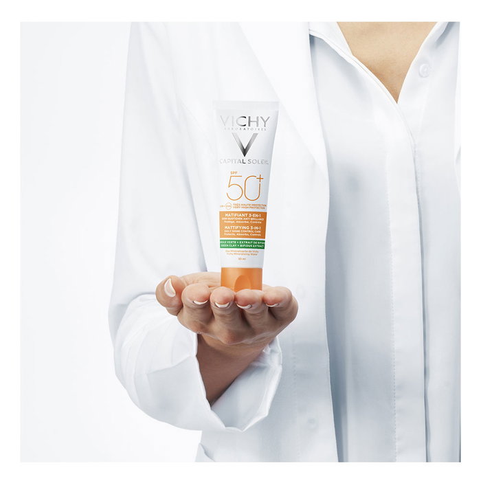 Vichy Capital Soleil Matifiant 3 en 1 Crema Facial Protectora SPF50+ 50 ml - Tratamiento Matificante con Arcilla Verde