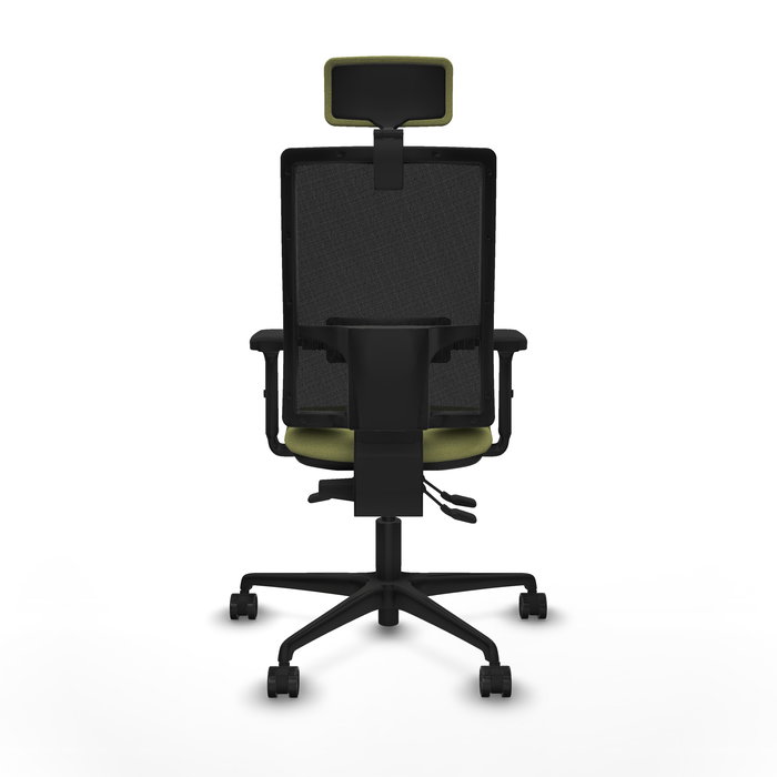 Silla de oficina Bormate con mecanismo Asincro tapizada con Tela color Verde oliva y malla color Negro. Equipada con lumbar 1D, Brazos 2D, Cabecero 2D y Ruedas 65mm nailon