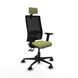 Silla de oficina Bormate con mecanismo Asincro tapizada con Tela color Verde oliva y malla color Negro. Equipada con lumbar 1D, Brazos 2D, Cabecero 2D y Ruedas 65mm nailon