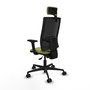 Silla de oficina Bormate con mecanismo Asincro tapizada con Tela color Verde oliva y malla color Negro. Equipada con lumbar 1D, Brazos 2D, Cabecero 2D y Ruedas 65mm nailon