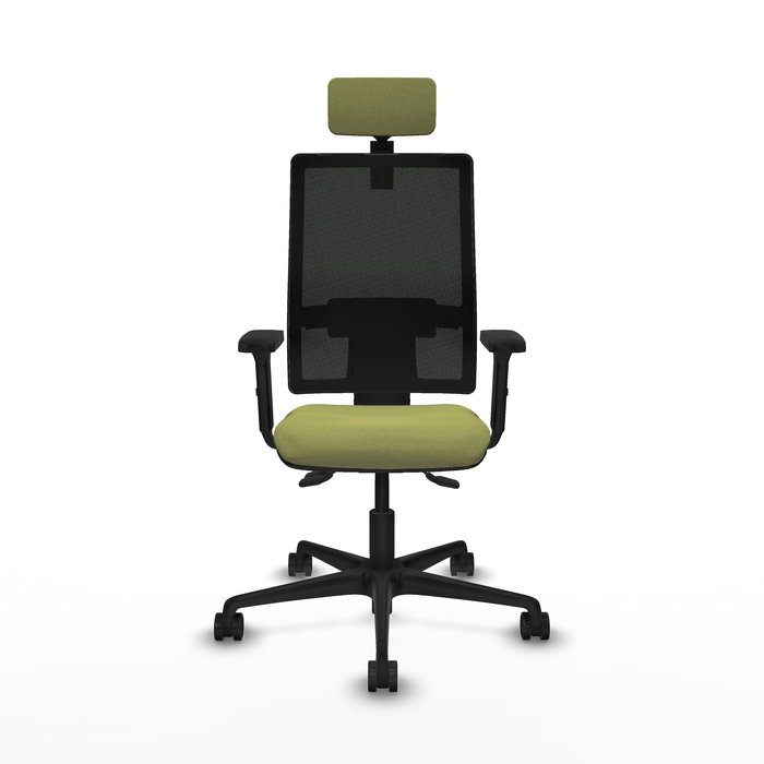Silla de oficina Bormate con mecanismo Asincro tapizada con Tela color Verde oliva y malla color Negro. Equipada con lumbar 1D, Brazos 2D, Cabecero 2D y Ruedas 65mm nailon