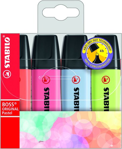 Stabilo Boss 70 Estuche de 4 Marcadores Fluorescentes Colores Pastel Surtidos