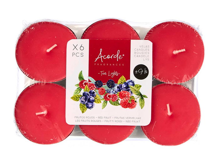 Acorde Set 6 Velas Tea Light Maxi 9h Frutos Rojos 17.5 x 11.8 x 2.2 cm Cera Roja (Set de 24)