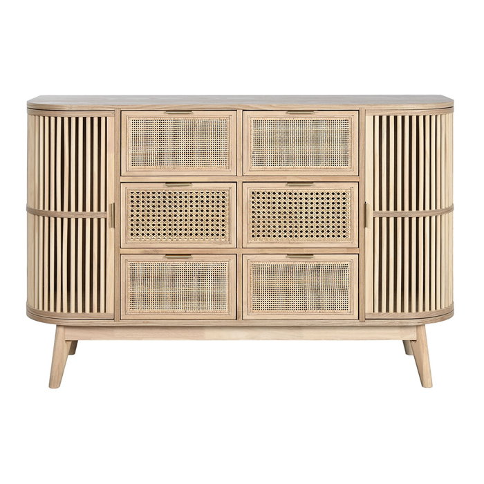 DKD Home Decor Cajonera Scandi de 6 Cajones y 2 Puertas, Abeto y Ratán Natural Dorado