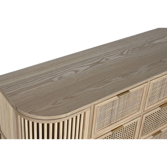 DKD Home Decor Cajonera Scandi de 6 Cajones y 2 Puertas, Abeto y Ratán Natural Dorado