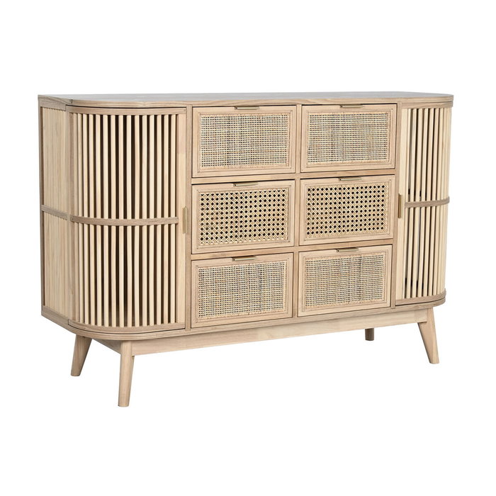 DKD Home Decor Cajonera Scandi de 6 Cajones y 2 Puertas, Abeto y Ratán Natural Dorado