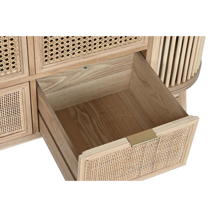 DKD Home Decor Cajonera Scandi de 6 Cajones y 2 Puertas, Abeto y Ratán Natural Dorado