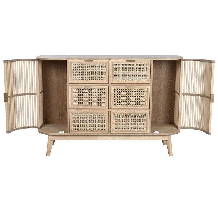 DKD Home Decor Cajonera Scandi de 6 Cajones y 2 Puertas, Abeto y Ratán Natural Dorado