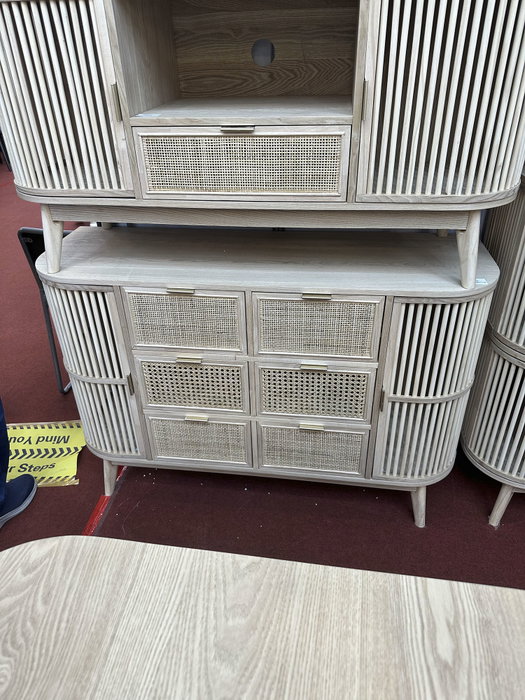 DKD Home Decor Cajonera Scandi de 6 Cajones y 2 Puertas, Abeto y Ratán Natural Dorado