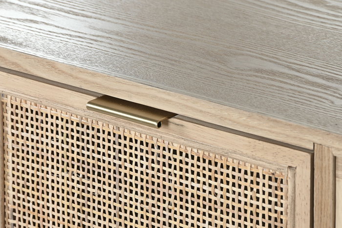 DKD Home Decor Cajonera Scandi de 6 Cajones y 2 Puertas, Abeto y Ratán Natural Dorado