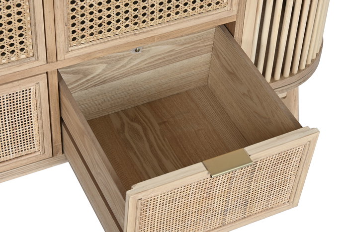 DKD Home Decor Cajonera Scandi de 6 Cajones y 2 Puertas, Abeto y Ratán Natural Dorado