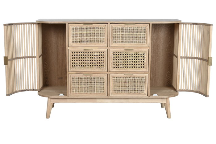 DKD Home Decor Cajonera Scandi de 6 Cajones y 2 Puertas, Abeto y Ratán Natural Dorado