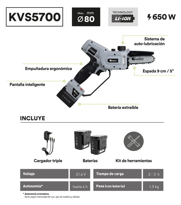 KAMIKAZE Sierra Eléctrica KVS-5700 con 2 Baterías y Maletín