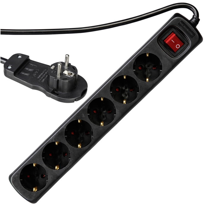 Rev Regleta de 6 tomas con interruptor y cable de 2 m, negro Rev Regleta de 6 tomas con interruptor y cable de 2 m, negro
