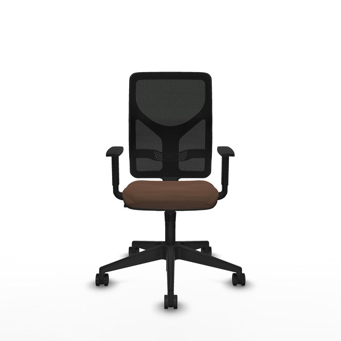 Silla de oficina Motilla con mecanismo Sincro tapizada con Tela color Marrón oscuro y malla color negra. Equipada con lumbar 1D, Brazos 1D y Ruedas 65mm nailon