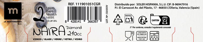 La Mediterranea Set 2 Tazas Café con Leche 21 cl Diamond Naira (36 Cajas)