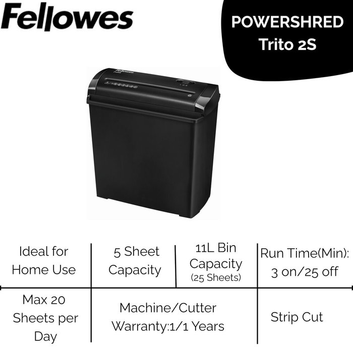Fellowes Trito 2S Destructora de Papel Manual Corte en Tiras - Hasta 5 Hojas - 11 Litros - Negro/Gris