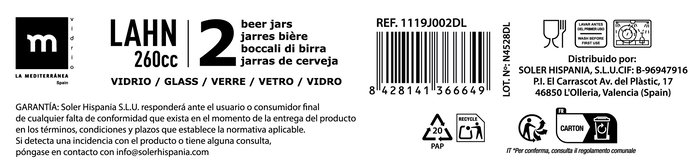 La Mediterranea Set de 2 Jarras "Lahn" para Licuadora o Jarra Batidora de 260 ml (7.4 cm Diametro, 9.2 cm Alto, 268 gr) (24 Cajas)