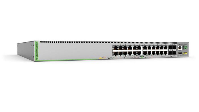 Allied Telesis Switch Apilable Multi-Gigabit PoE+ 20 Puertos 10/100/1000T y 4 Puertos 100M/1/2.5/5G PoE+, 4 Puertos SFP+, Fuente de Alimentación Fija Individual