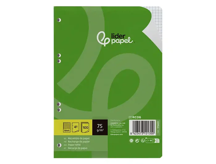 Liderpapel Recambio A5 100 Hojas 75gr Cuadro 4mm con Margen y 6 Taladros