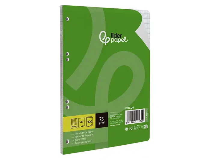 Liderpapel Recambio A5 100 Hojas 75gr Cuadro 4mm con Margen y 6 Taladros