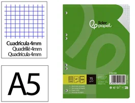 Liderpapel Recambio A5 100 Hojas 75gr Cuadro 4mm con Margen y 6 Taladros