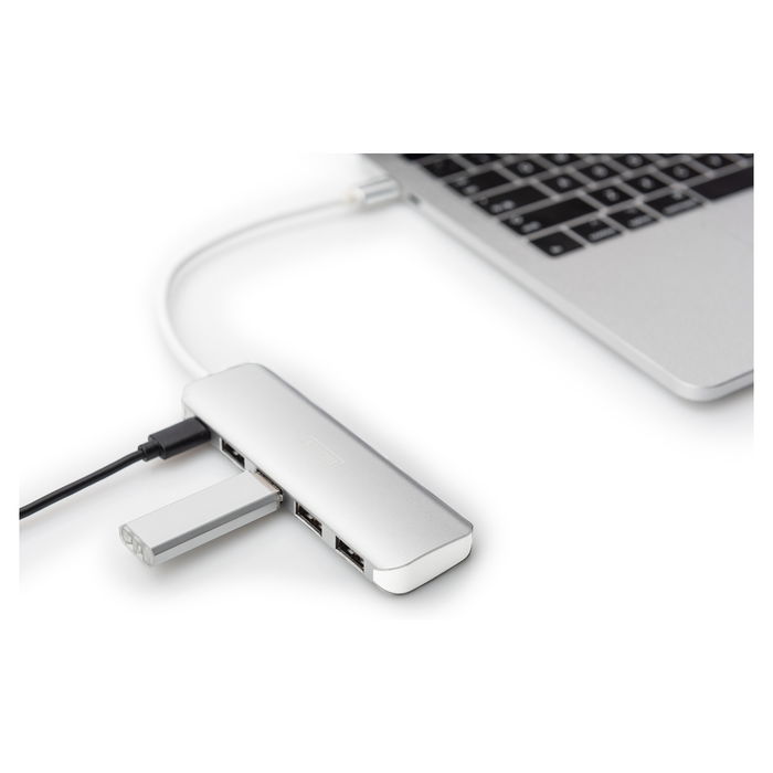 Digitus DA-70357-1 USB-C Hub 4 Puertos USB 3.0 con Cable Integrado y Puerto PD, Blanco