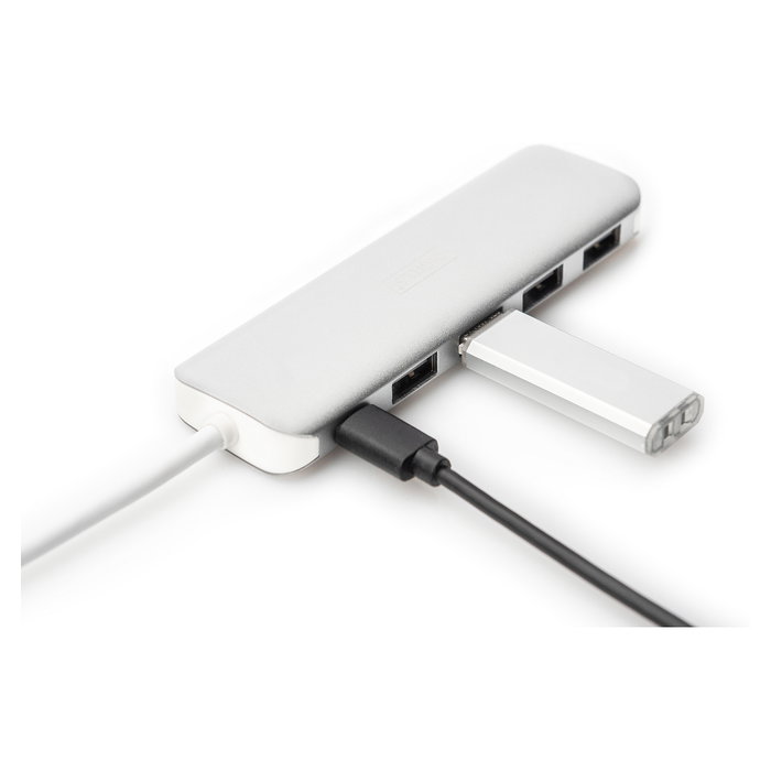 Digitus DA-70357-1 USB-C Hub 4 Puertos USB 3.0 con Cable Integrado y Puerto PD, Blanco