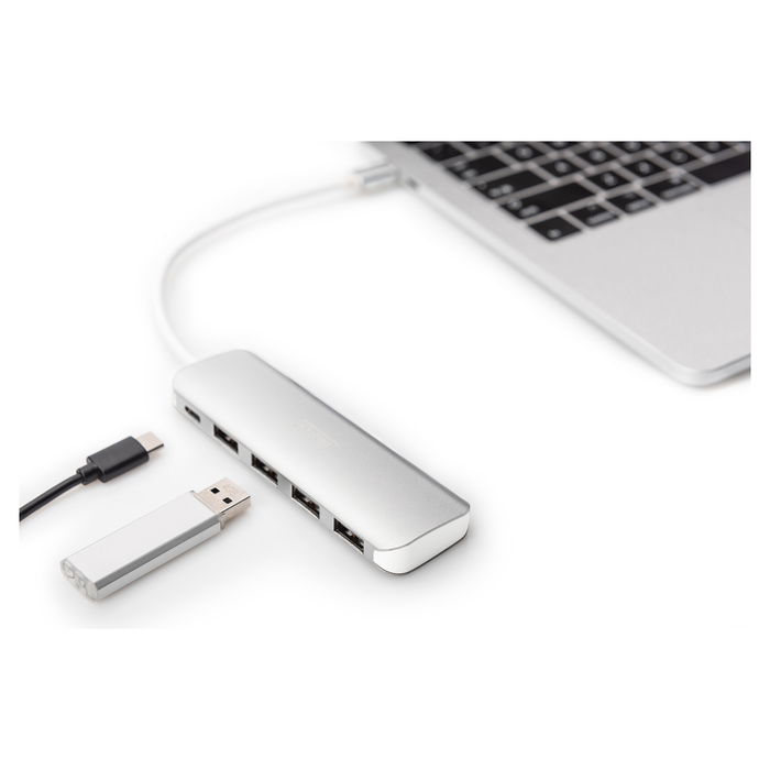 Digitus DA-70357-1 USB-C Hub 4 Puertos USB 3.0 con Cable Integrado y Puerto PD, Blanco