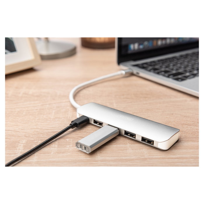 Digitus DA-70357-1 USB-C Hub 4 Puertos USB 3.0 con Cable Integrado y Puerto PD, Blanco
