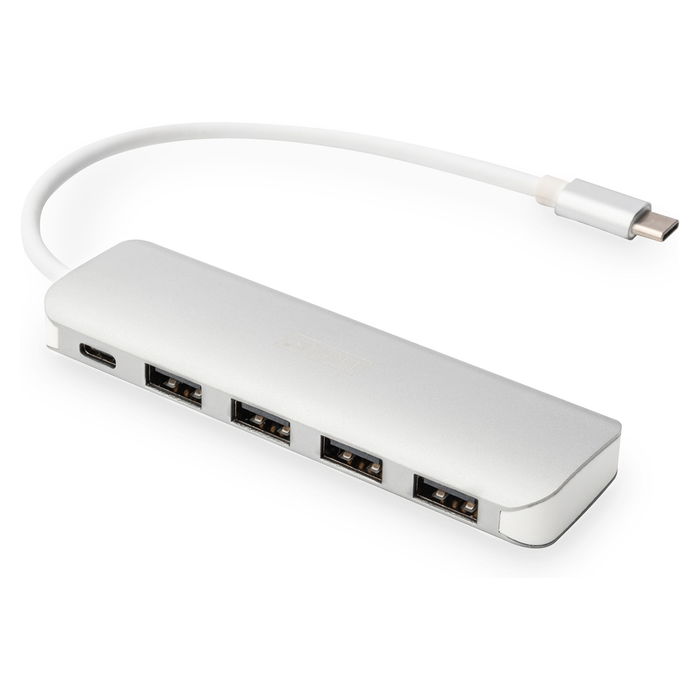 Digitus DA-70357-1 USB-C Hub 4 Puertos USB 3.0 con Cable Integrado y Puerto PD, Blanco