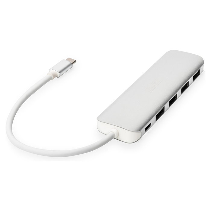 Digitus DA-70357-1 USB-C Hub 4 Puertos USB 3.0 con Cable Integrado y Puerto PD, Blanco