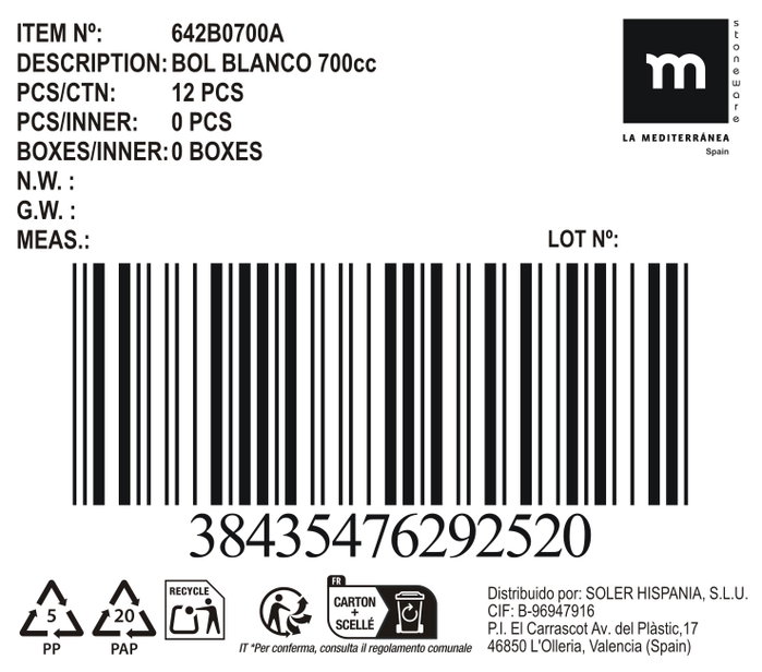 Mediterraneo Bol Blanco 700cc (Pack de 12)