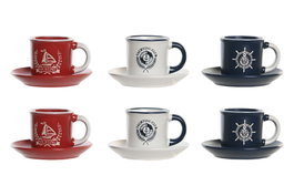DKD Home Decor Set de 6 Tazas de Café de Gres con Grabado Azul