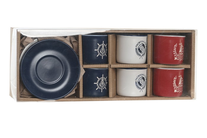 DKD Home Decor Set de 6 Tazas de Café de Gres con Grabado Azul