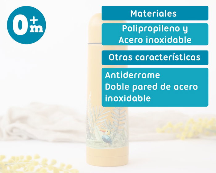 KioKids Termo Para Líquidos Acero Inoxidable 500 mL Anti-Goteo, Boca Ancha, Colección Honey Little Sauvages - Color Mostaza