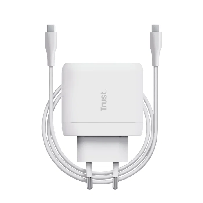 Trust Maxo Cargador de Pared 65W USB-C PD 3.0 con Cable 2m - Carga Rápida Universal para Portátil, Móvil y Tablet - Blanco
