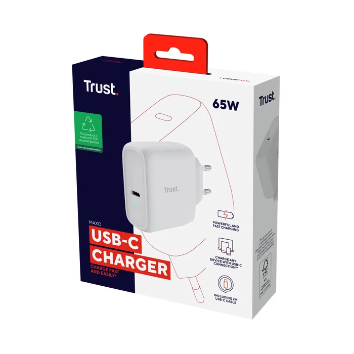 Trust Maxo Cargador de Pared 65W USB-C PD 3.0 con Cable 2m - Carga Rápida Universal para Portátil, Móvil y Tablet - Blanco