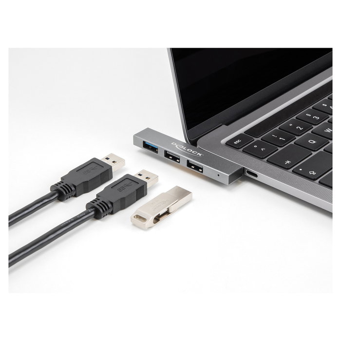 DeLOCK Concentrador USB 3 Puertos Slim, USB-C a 1x USB-A 10 Gbps (USB 3.2 Gen 2) + 2x USB-A 2.0, Plug and Play, Gris Metal