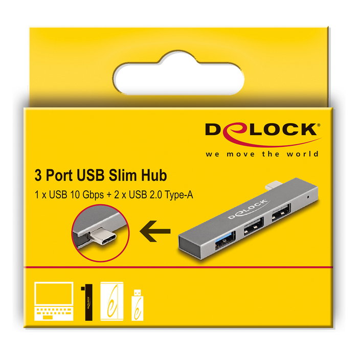 DeLOCK Concentrador USB 3 Puertos Slim, USB-C a 1x USB-A 10 Gbps (USB 3.2 Gen 2) + 2x USB-A 2.0, Plug and Play, Gris Metal