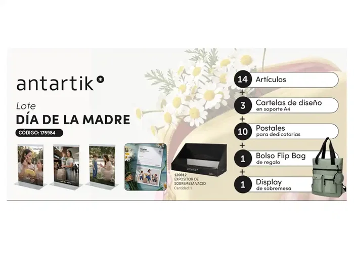 Antartik Lote Día de la Madre 2026 - 14 Artículos + Bolso Regalo, 2 Carteles A4, 10 Postales y Display para Papelería, Cuadernos y Mochilas
