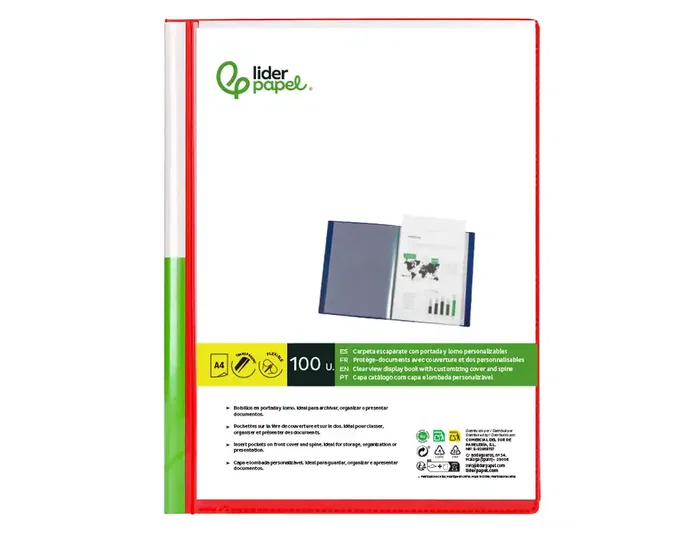 Liderpapel Carpeta Personalizable con 100 Fundas DIN A4 Rojo Traslúcido