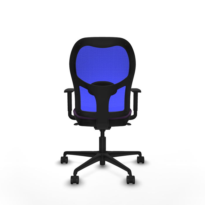 Silla de oficina Jorquera con mecanismo Sincro tapizada con Tela color Morado y malla color Azul. Equipada con lumbar 1D, Brazos 1D y Ruedas 65mm nailon