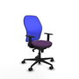 Silla de oficina Jorquera con mecanismo Sincro tapizada con Tela color Morado y malla color Azul. Equipada con lumbar 1D, Brazos 1D y Ruedas 65mm nailon